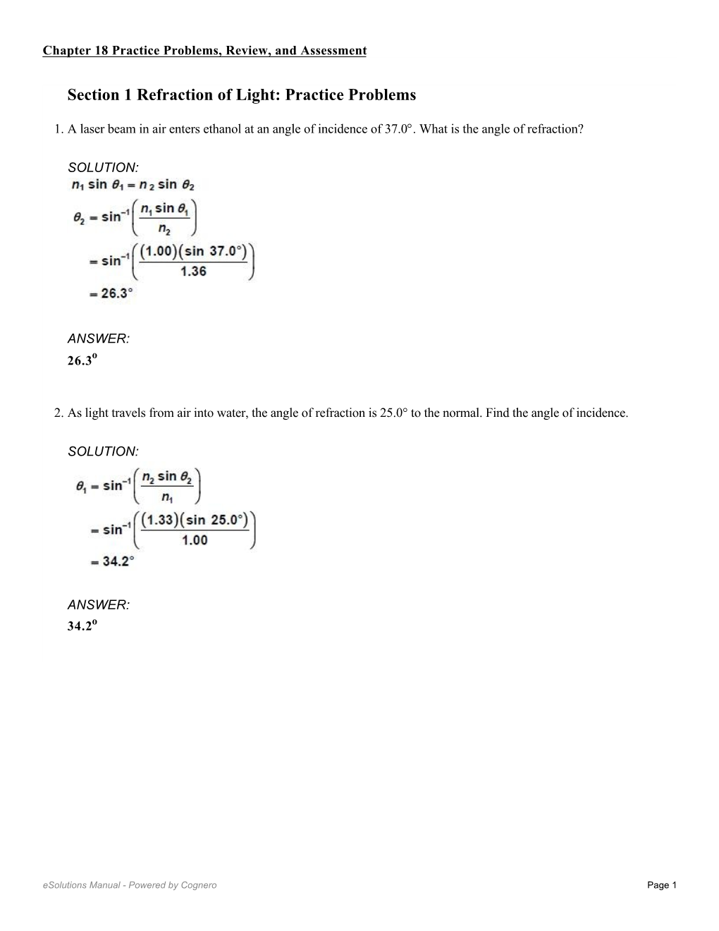 Section 1 Refraction of Light: Practice Problems