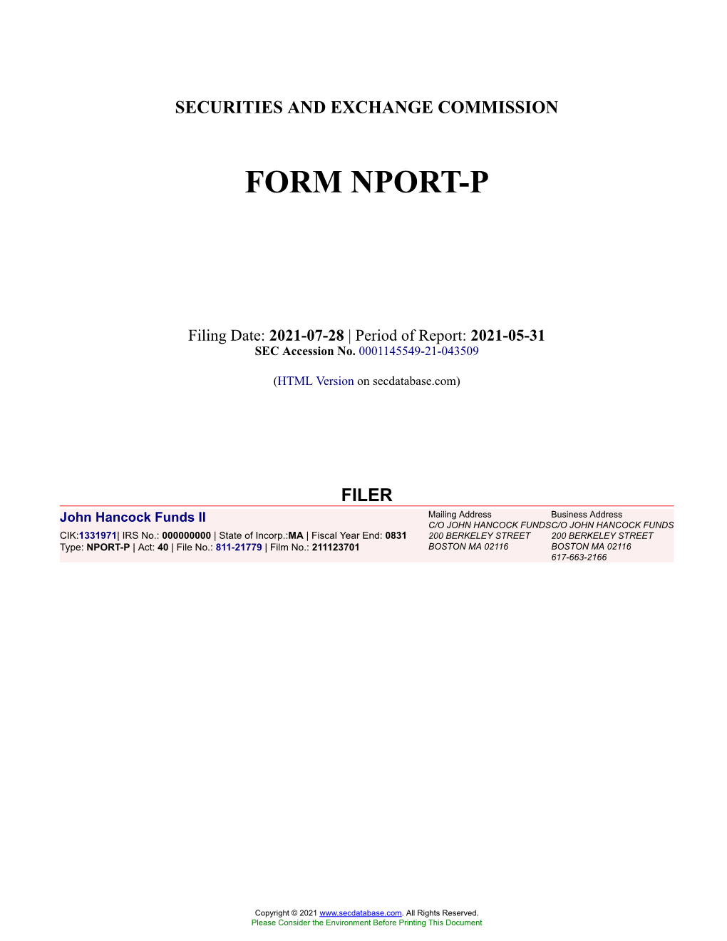 John Hancock Funds II Form NPORT-P Filed 2021