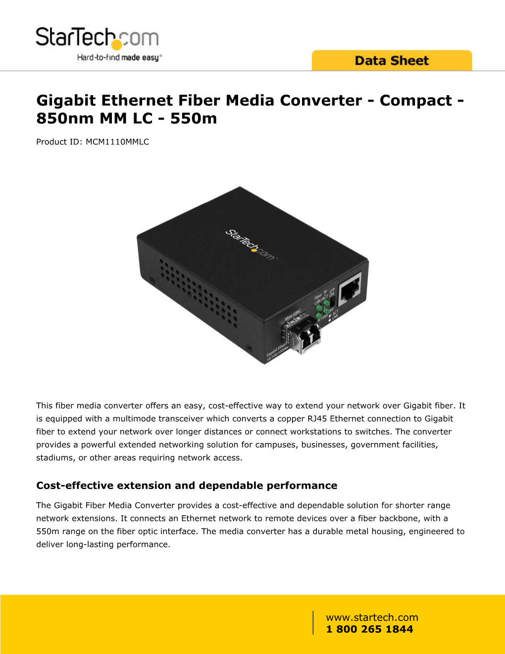 Gigabit Ethernet Fiber Media Converter - Compact - 850Nm MM LC - 550M