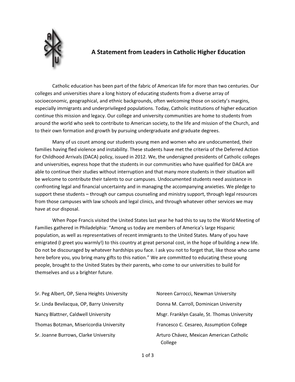 A Statement from Leaders in Catholic Higher Education