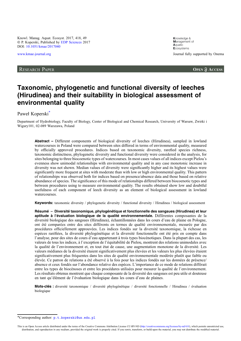 Taxonomic, Phylogenetic and Functional Diversity of Leeches (Hirudinea) and Their Suitability in Biological Assessment of Environmental Quality