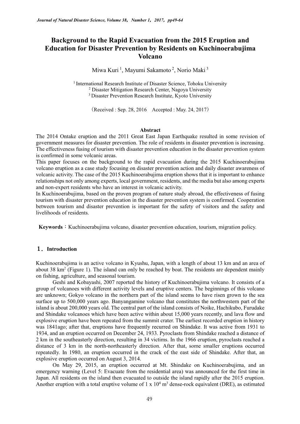 Background to the Rapid Evacuation from the 2015 Eruption and Education for Disaster Prevention by Residents on Kuchinoerabujima Volcano