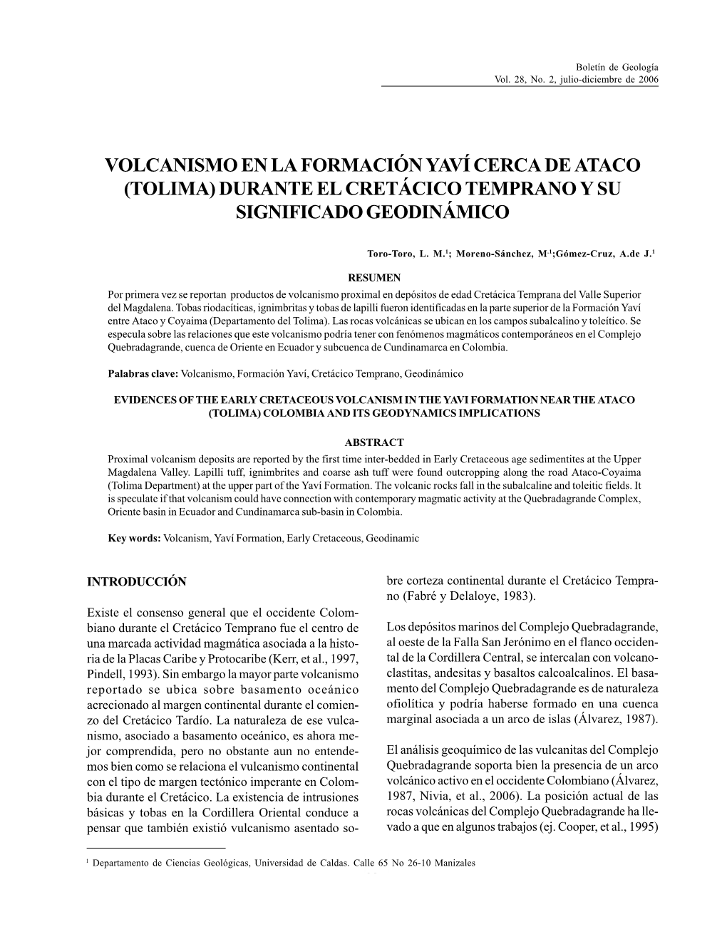 Volcanismo En La Formación Yaví Cerca De Ataco (Tolima) Durante El Cretácico Temprano Y Su Significado Geodinámico