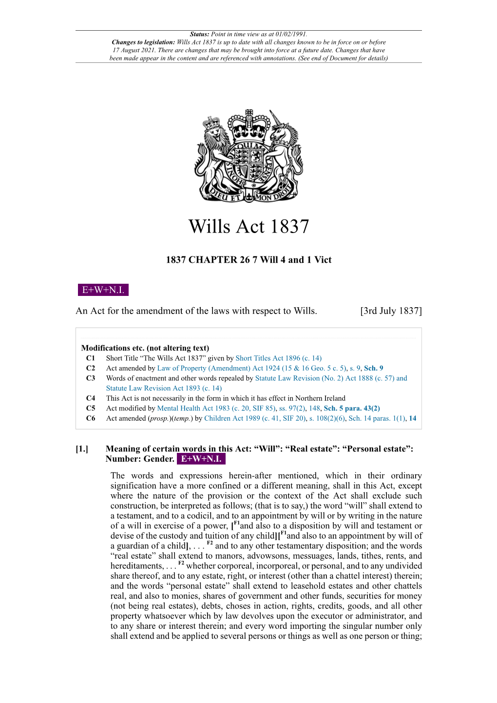 Wills Act 1837 Is up to Date with All Changes Known to Be in Force on Or Before 17 August 2021