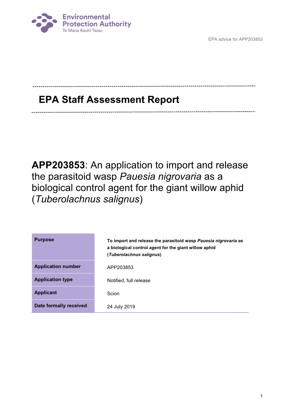 EPA Staff Assessment Report APP203853