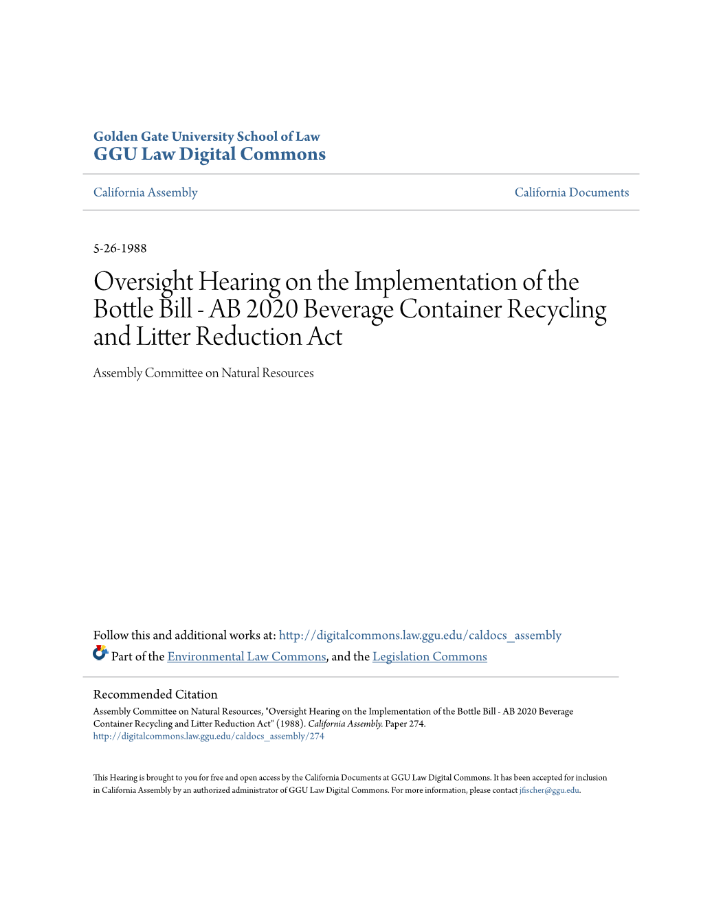 AB 2020 Beverage Container Recycling and Litter Reduction Act Assembly Committee on Natural Resources
