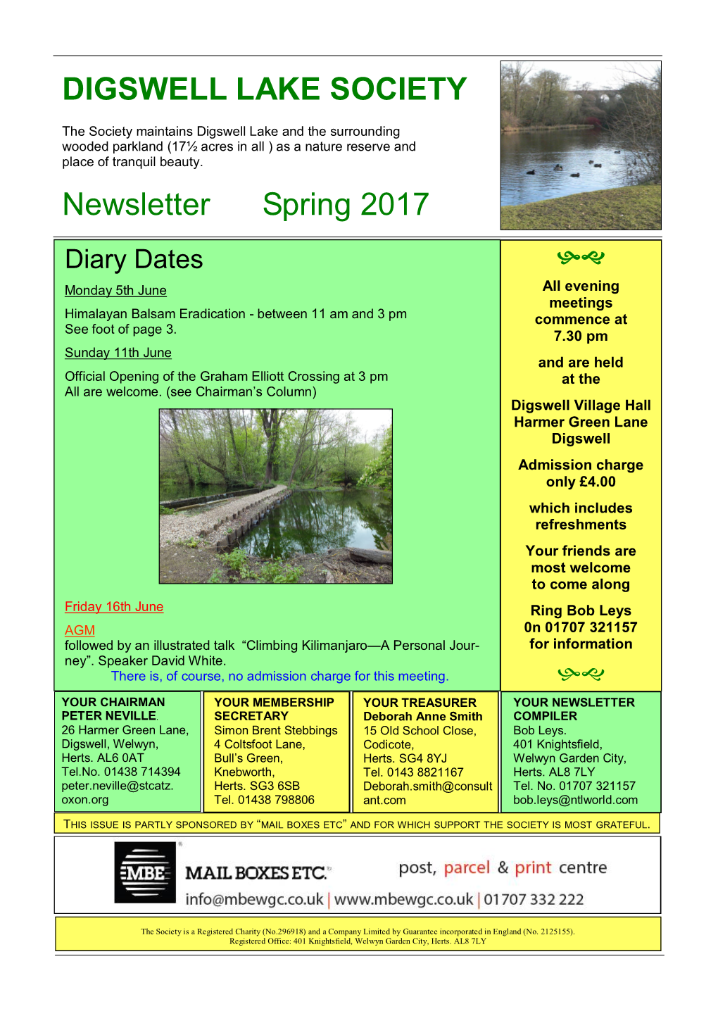 DIGSWELL LAKE SOCIETY Newsletter Spring 2017