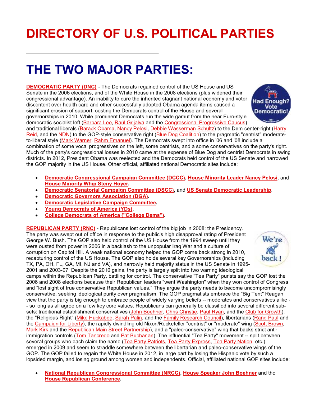 Directory of U.S. Political Parties the Two Major