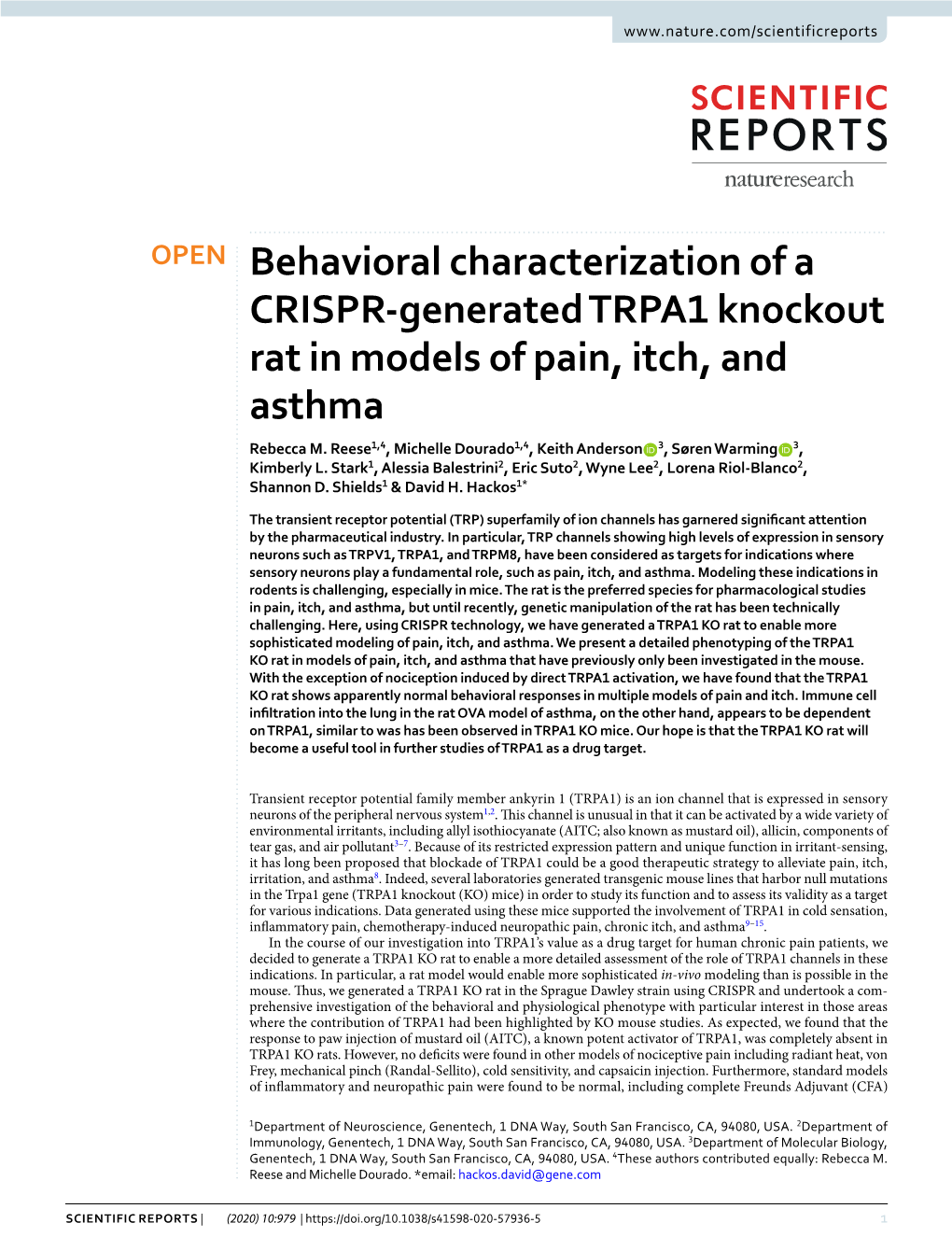 Behavioral Characterization of a CRISPR-Generated TRPA1 Knockout Rat in Models of Pain, Itch, and Asthma Rebecca M