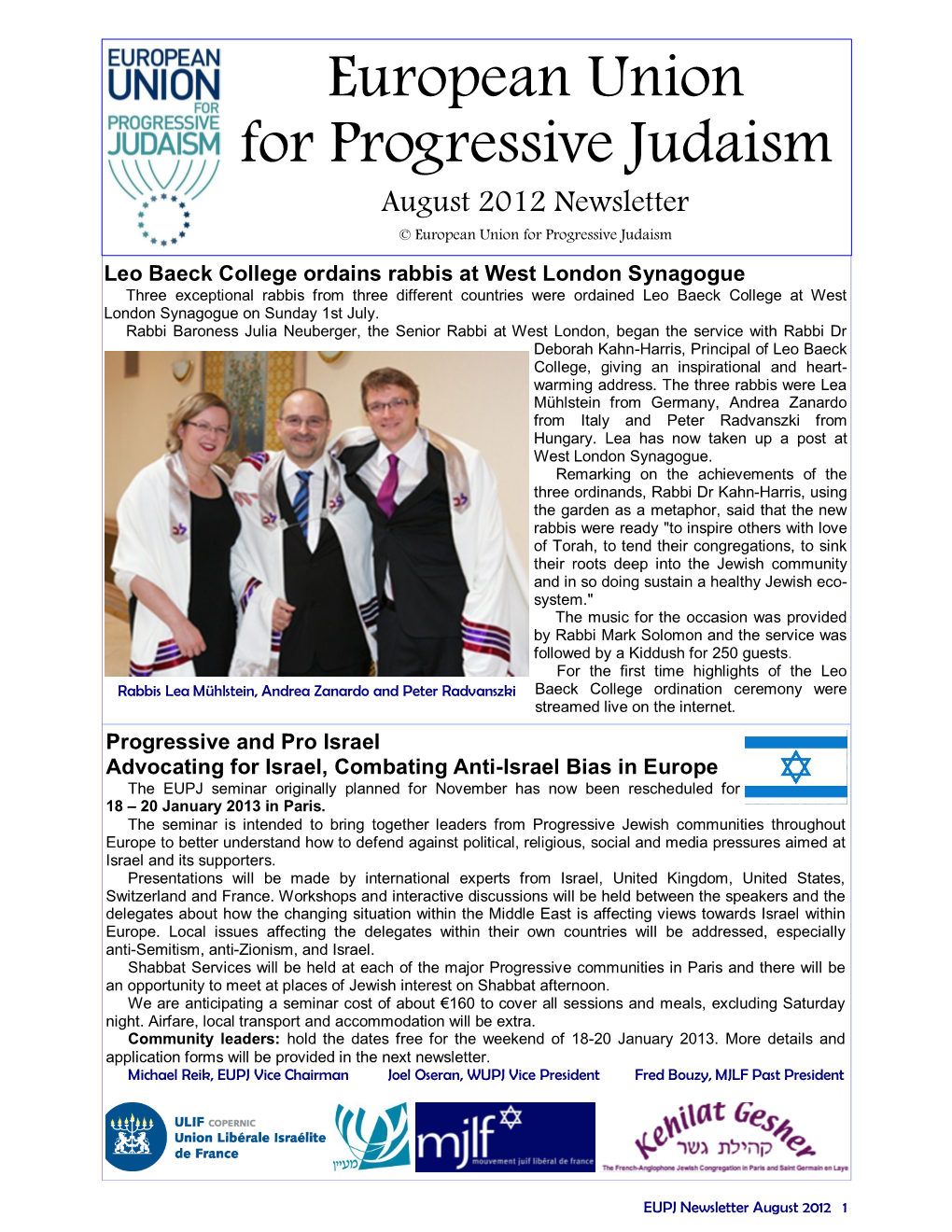 European Union for Progressive Judaism August 2012 Newsletter