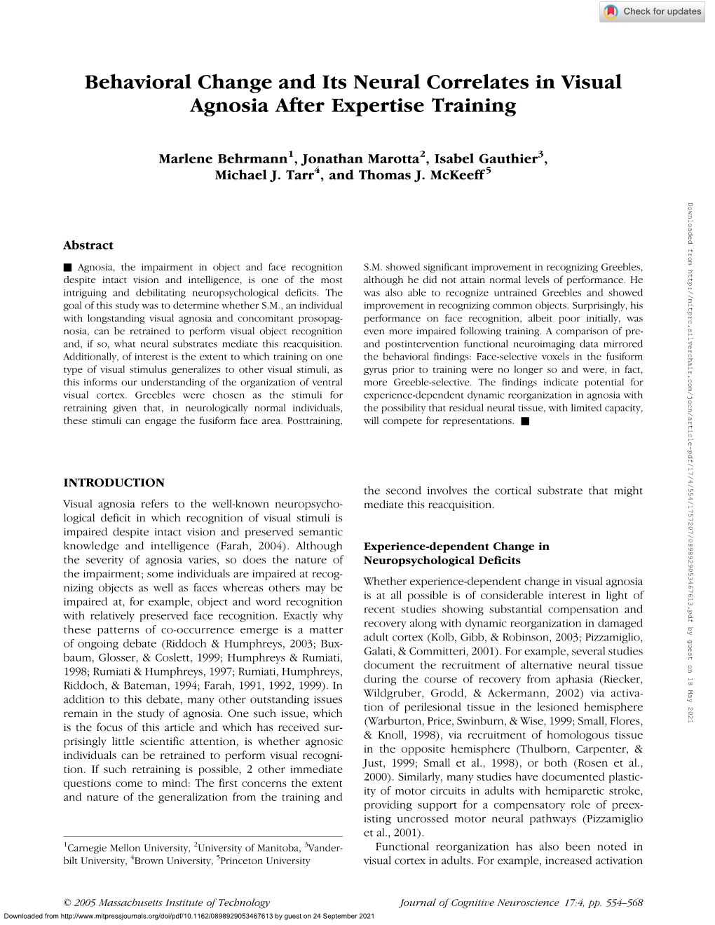 Behavioral Change and Its Neural Correlates in Visual Agnosia After Expertise Training