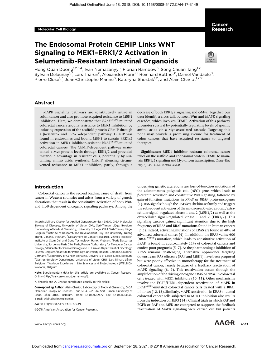 The Endosomal Protein CEMIP Links WNT Signaling to MEK1–ERK1/2