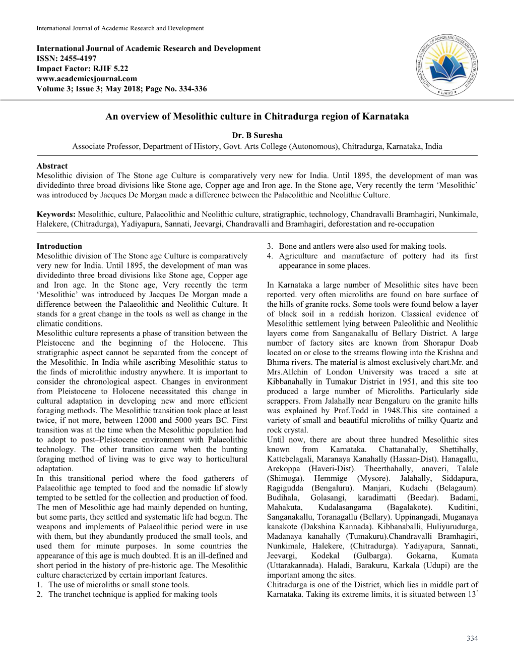 An Overview of Mesolithic Culture in Chitradurga Region of Karnataka