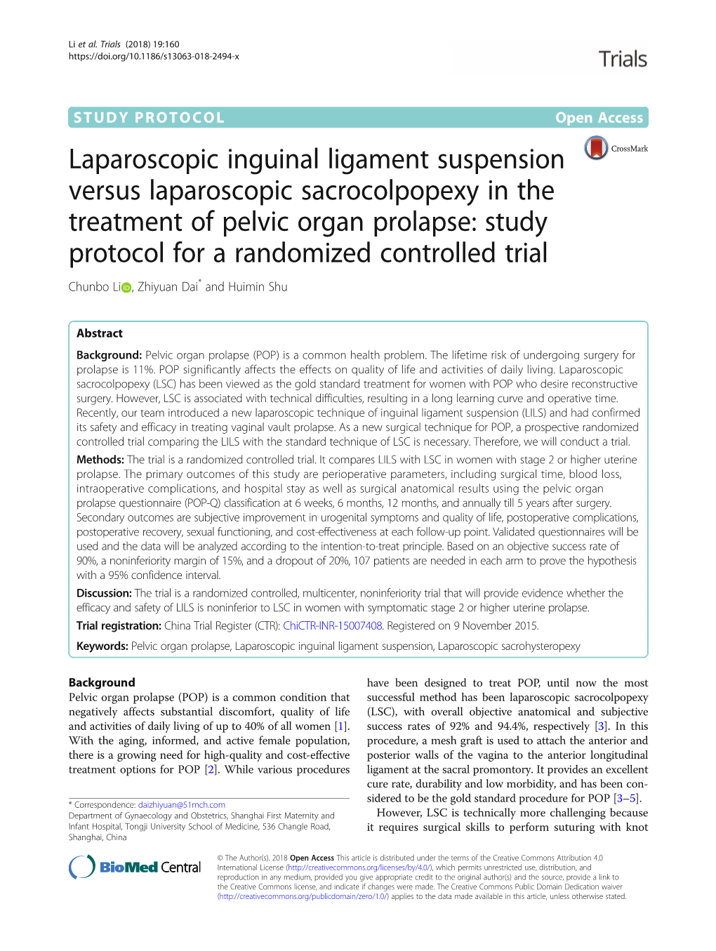 Study Protocol for a Randomized Controlled Trial Chunbo Li , Zhiyuan Dai* and Huimin Shu