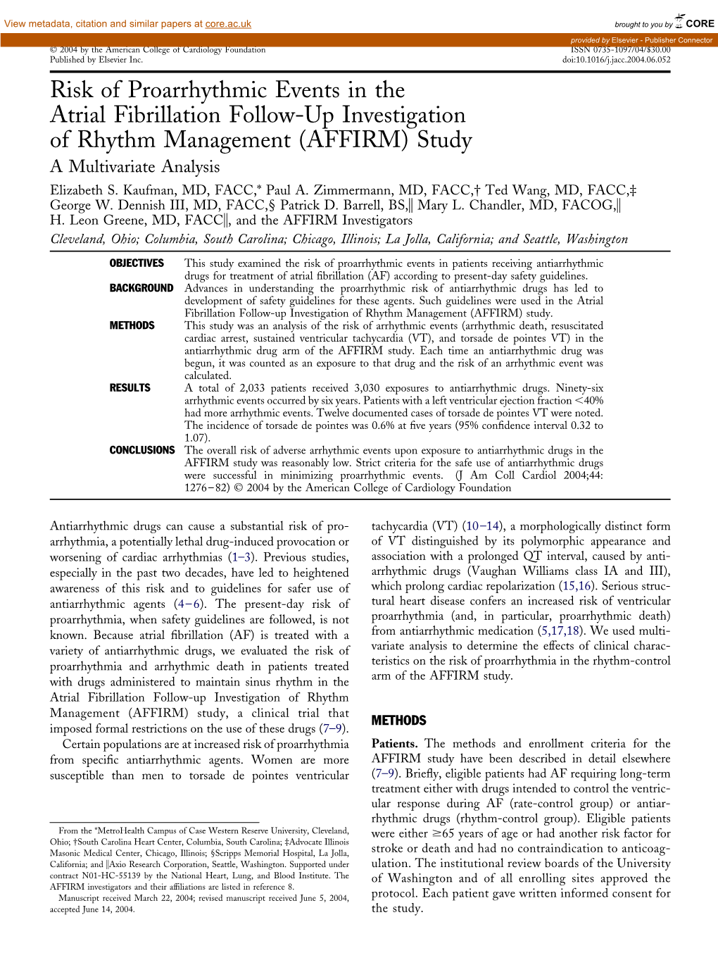 Risk of Proarrhythmic Events in the Atrial Fibrillation Follow-Up Investigation of Rhythm Management (AFFIRM) Study a Multivariate Analysis Elizabeth S