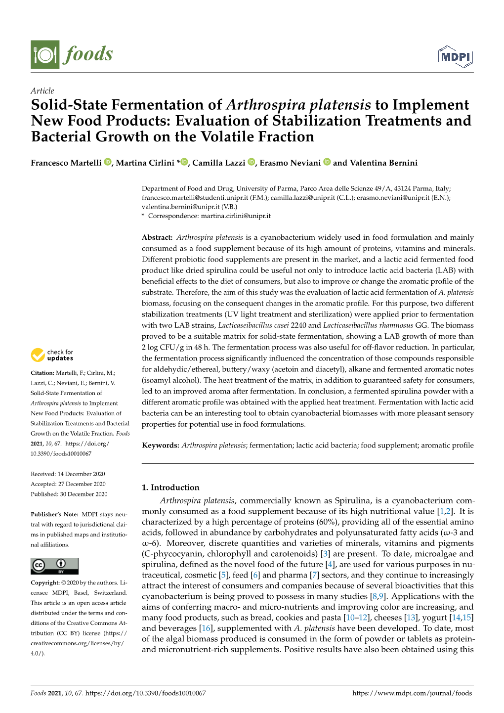 Solid-State Fermentation of Arthrospira Platensis to Implement New Food Products: Evaluation of Stabilization Treatments and Bacterial Growth on the Volatile Fraction