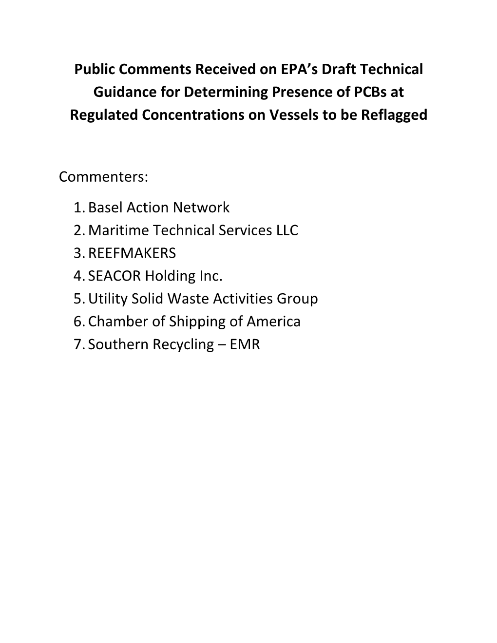 Public Comments Received on EPA's Draft Technical Guidance For