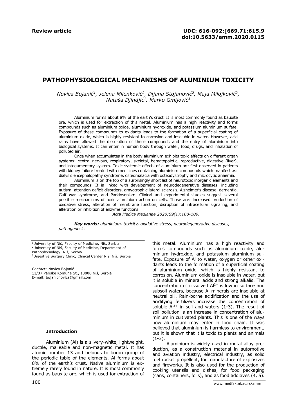Pathophysiological Mechanisms of Aluminium Toxicity