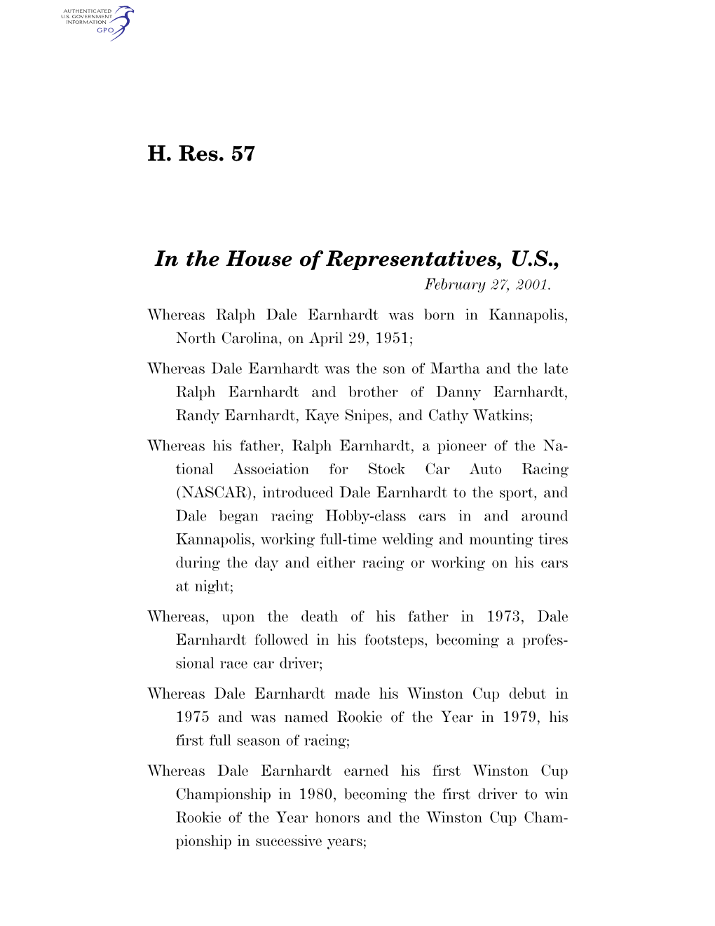 H. Res. 57 in the House of Representatives, U.S