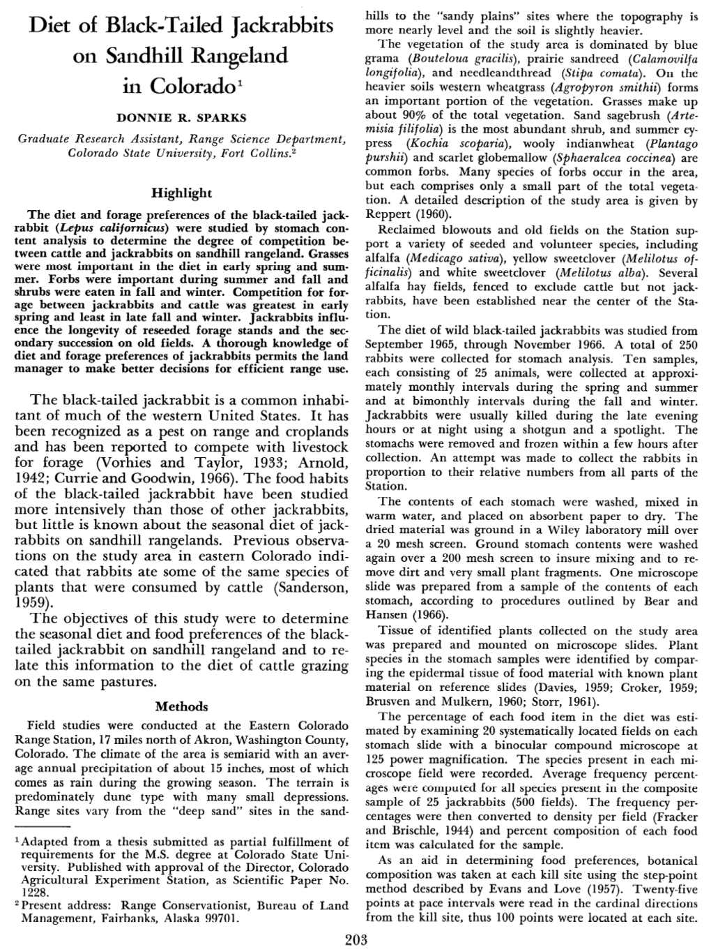 Diet of on Black-Tailed Jackrabbits Sandhill Rangeland in Colorado 1