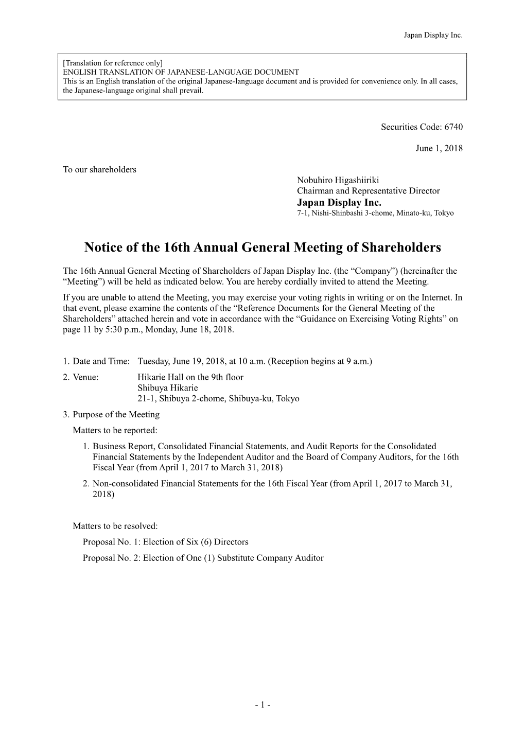 Notice of the 16Th Annual General Meeting of Shareholders