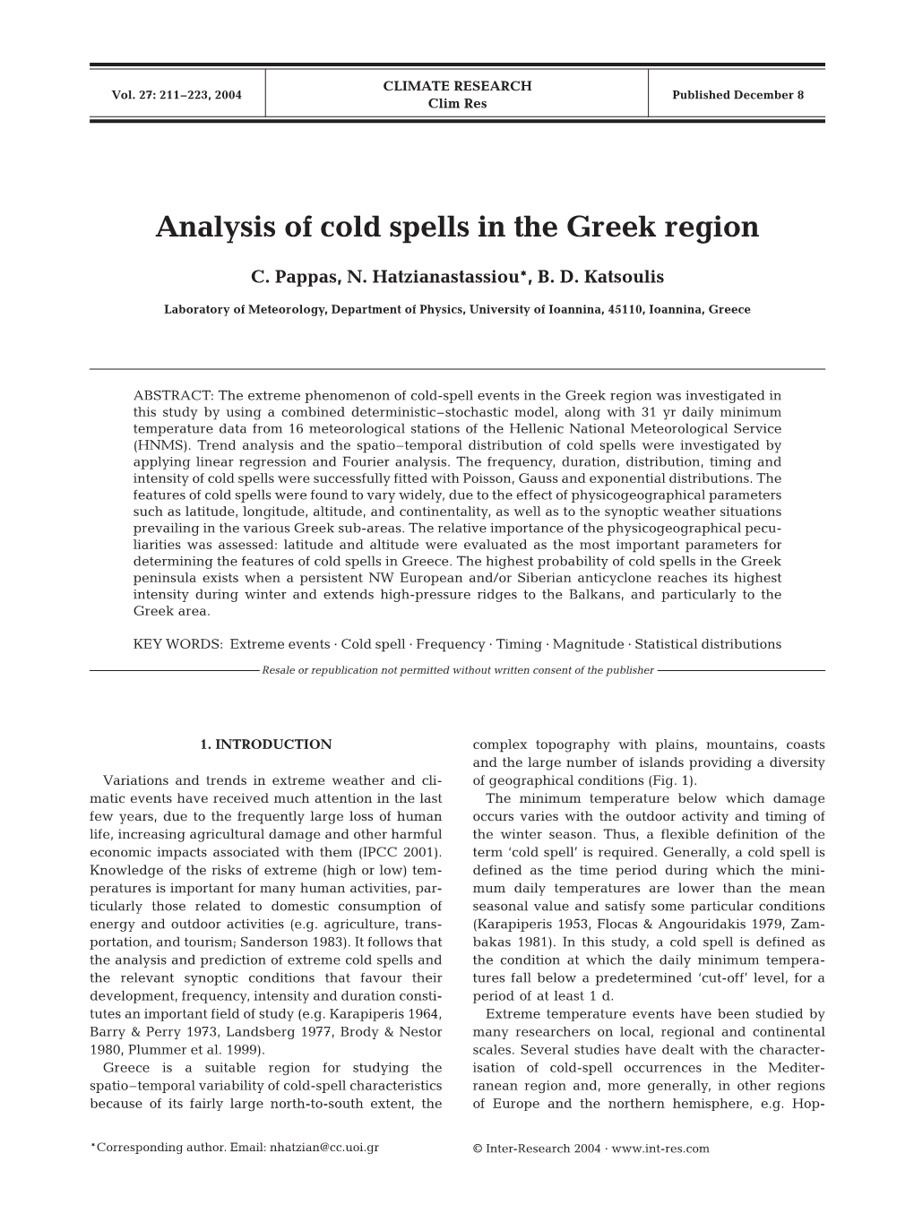 Analysis of Cold Spells in the Greek Region