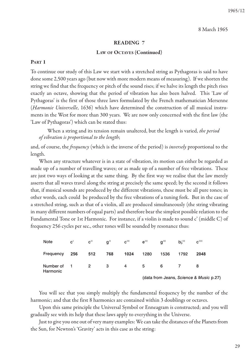 8 March 1965 READING 7 LAW of OCTAVES