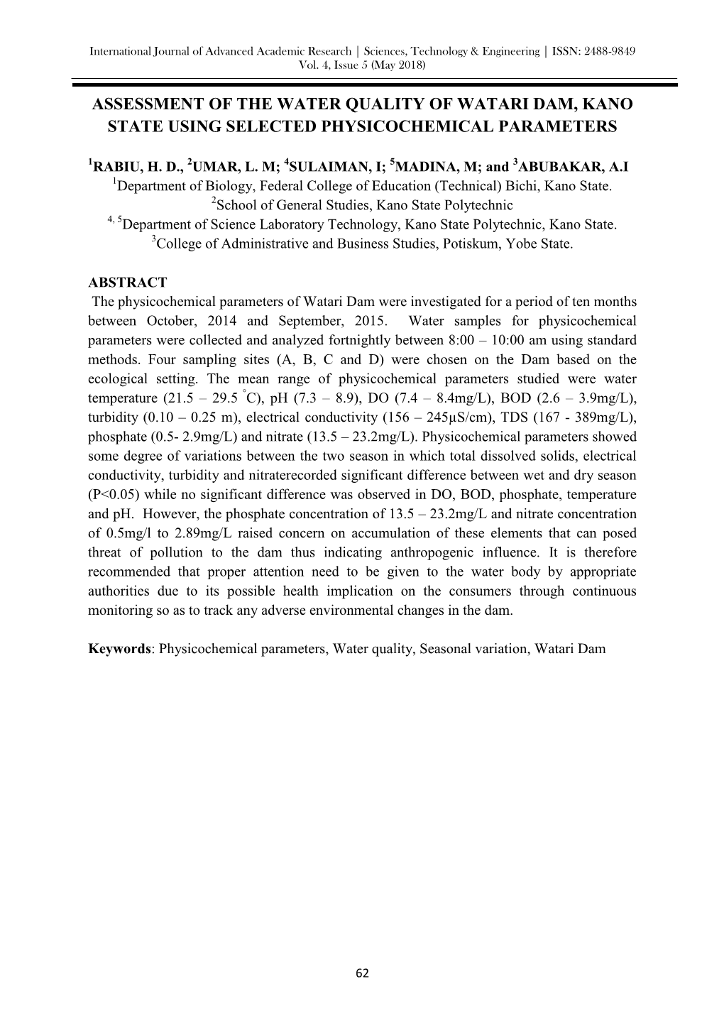 Assessment of the Water Quality of Watari Dam, Kano State Using Selected Physicochemical Parameters