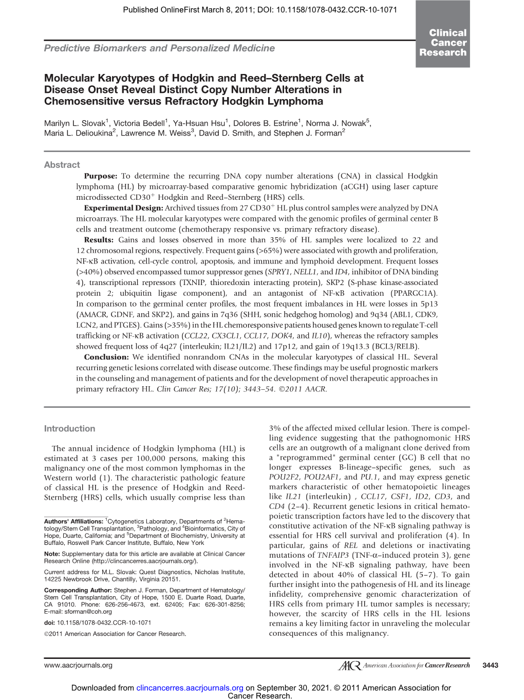 Molecular Karyotypes of Hodgkin and Reed–Sternberg Cells at Disease Onset Reveal Distinct Copy Number Alterations in Chemosensitive Versus Refractory Hodgkin Lymphoma