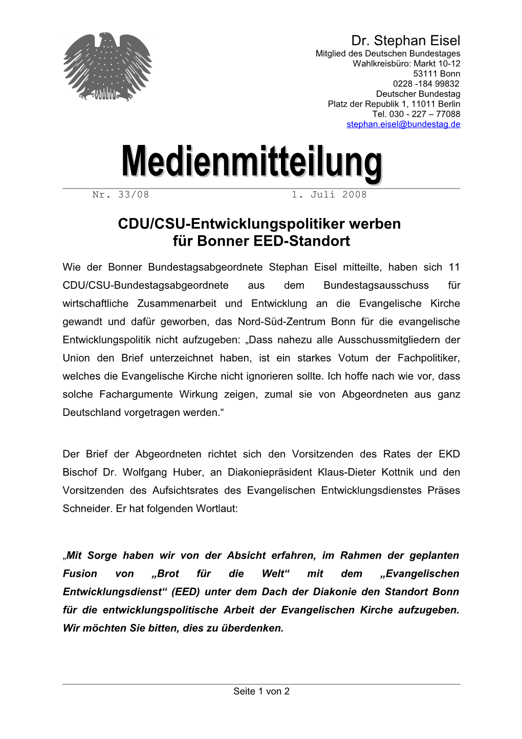 CDU-Politiker Gegen EED-Umzug