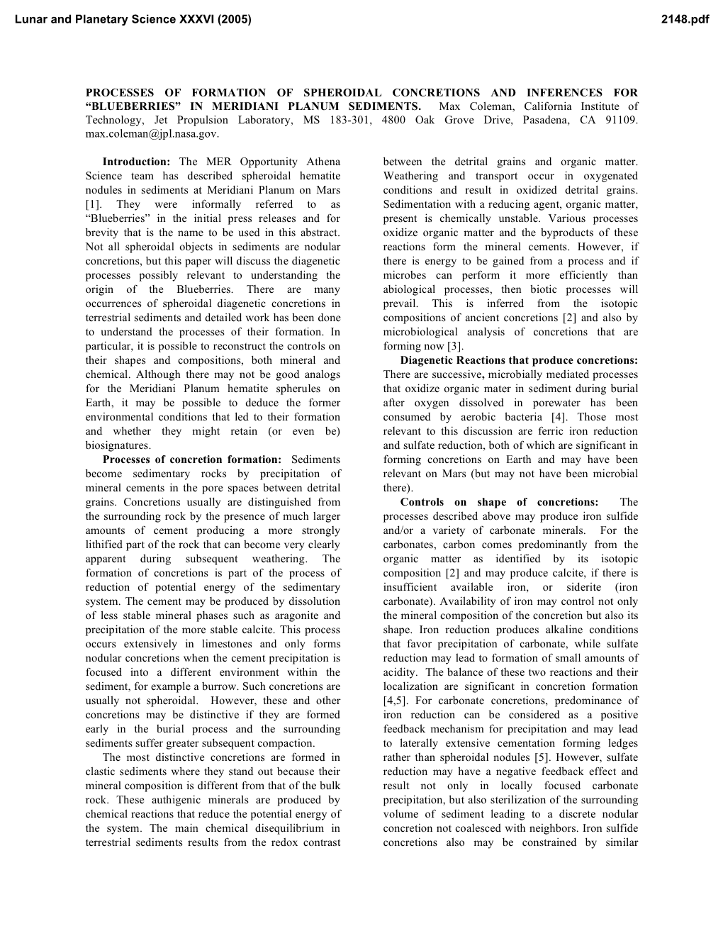 Processes of Formation of Spheroidal Concretions and Inferences for “Blueberries” in Meridiani Planum Sediments