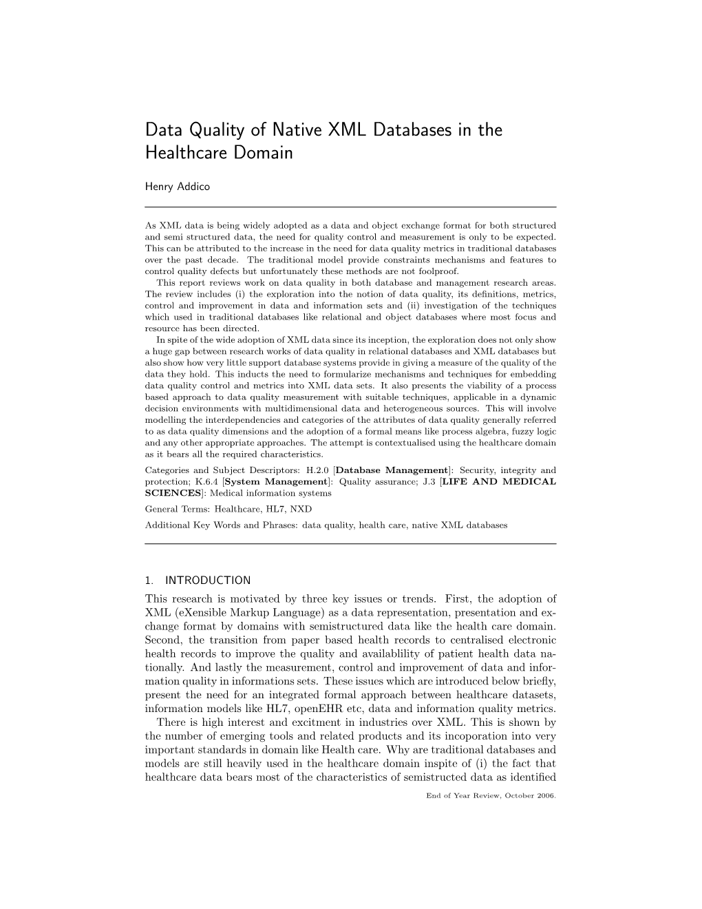 Data Quality of Native XML Databases in the Healthcare Domain