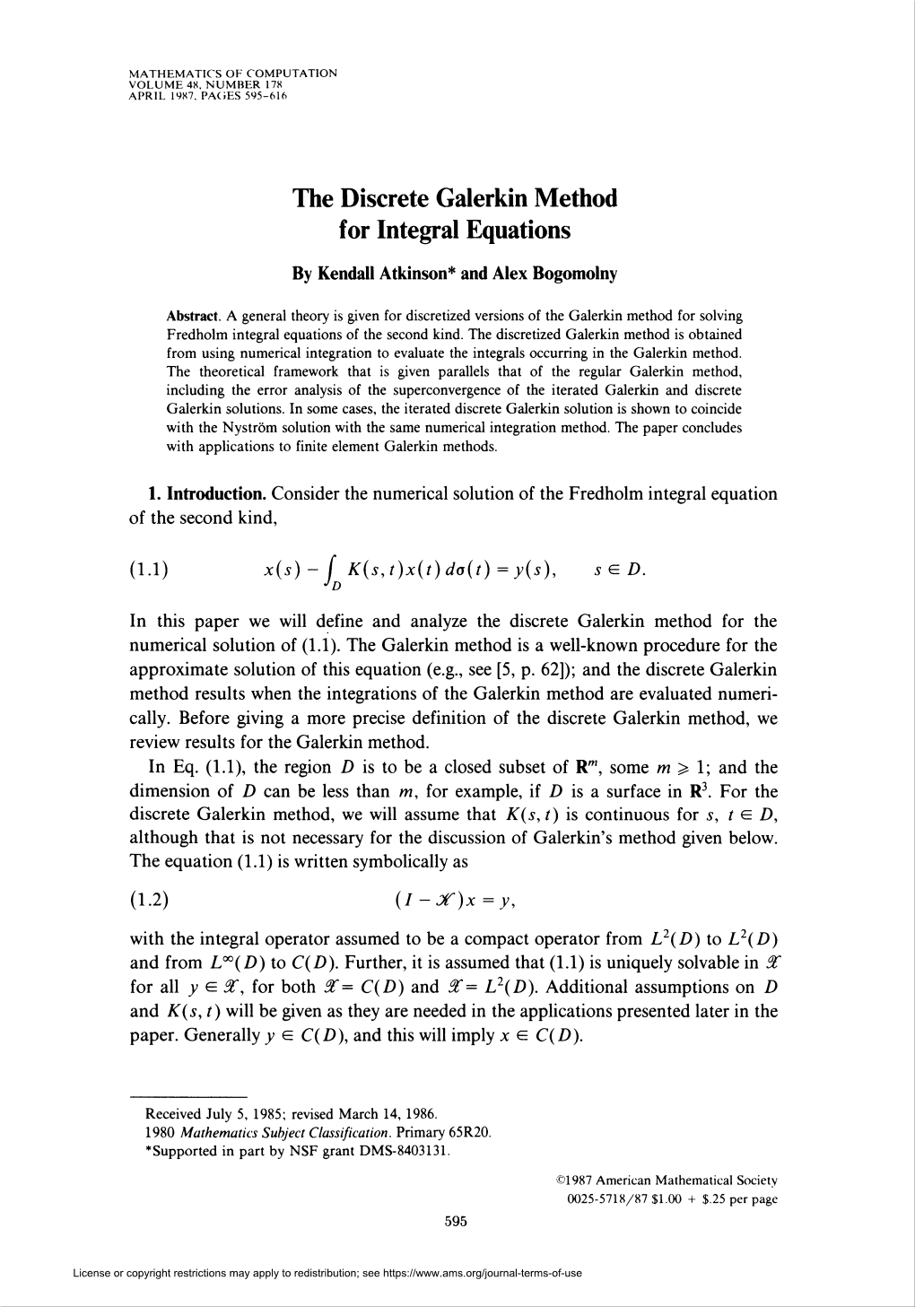 The Discrete Galerkin Method for Integral Equations