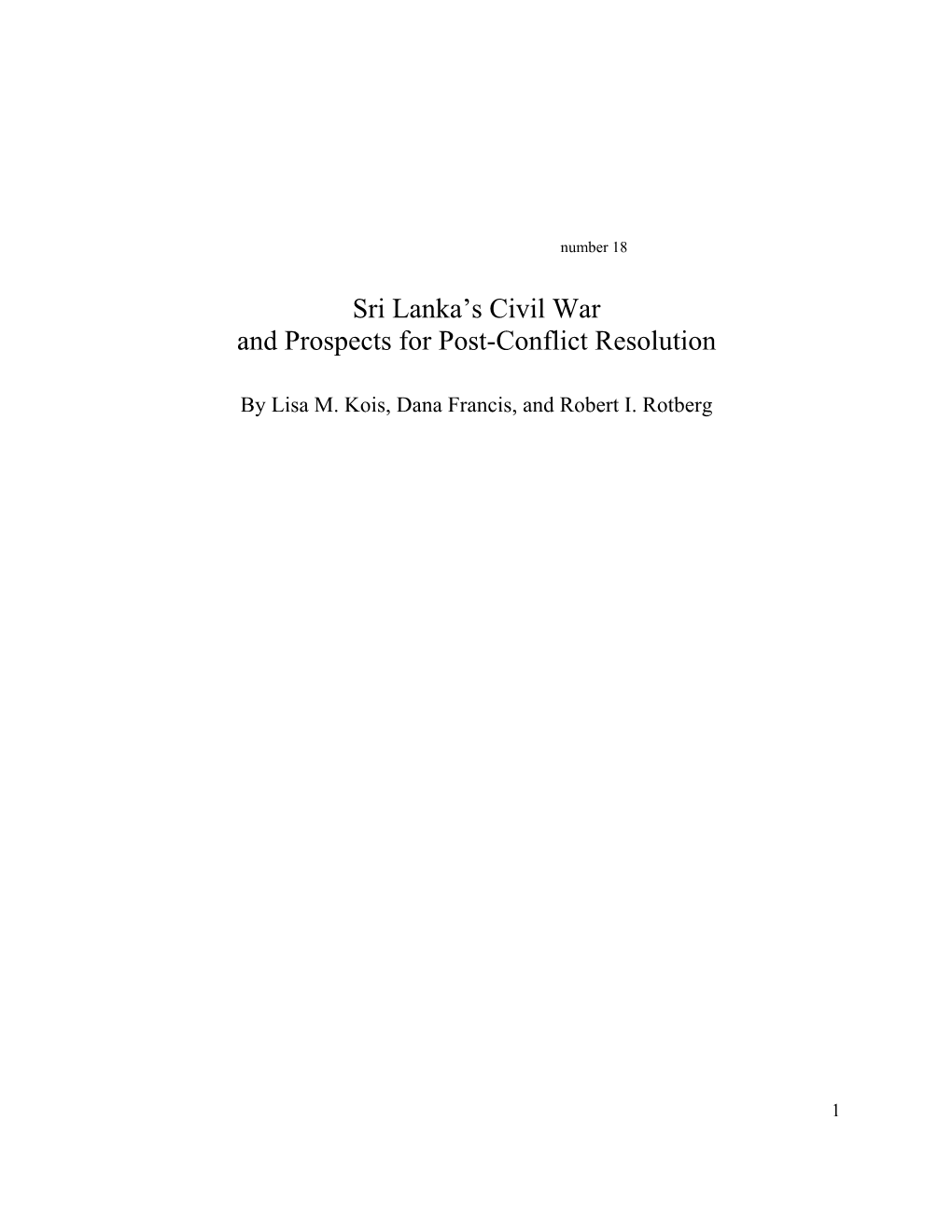 Sri Lanka's Civil War and Prospects for Post-Conflict Resolution