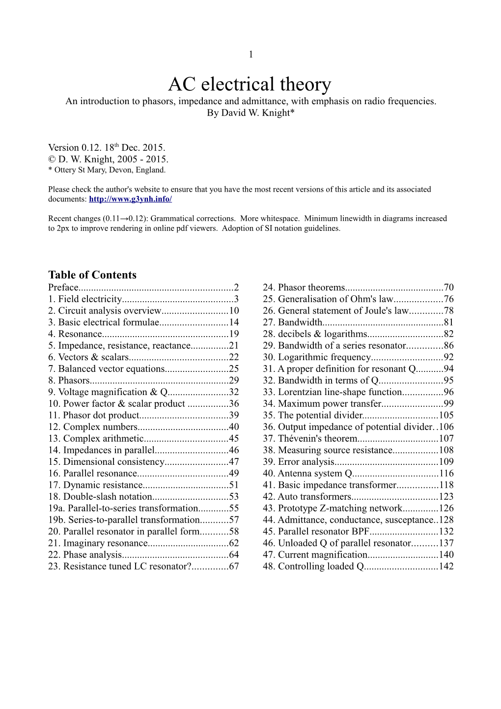 AC Electrical Theory an Introduction to Phasors, Impedance and Admittance, with Emphasis on Radio Frequencies