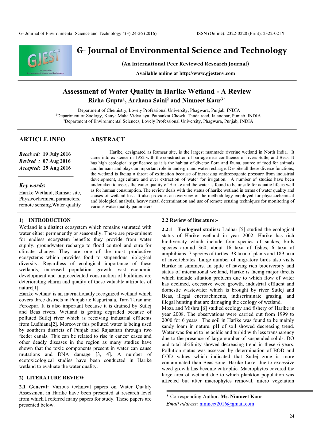 Assessment of Water Quality in Harike Wetland