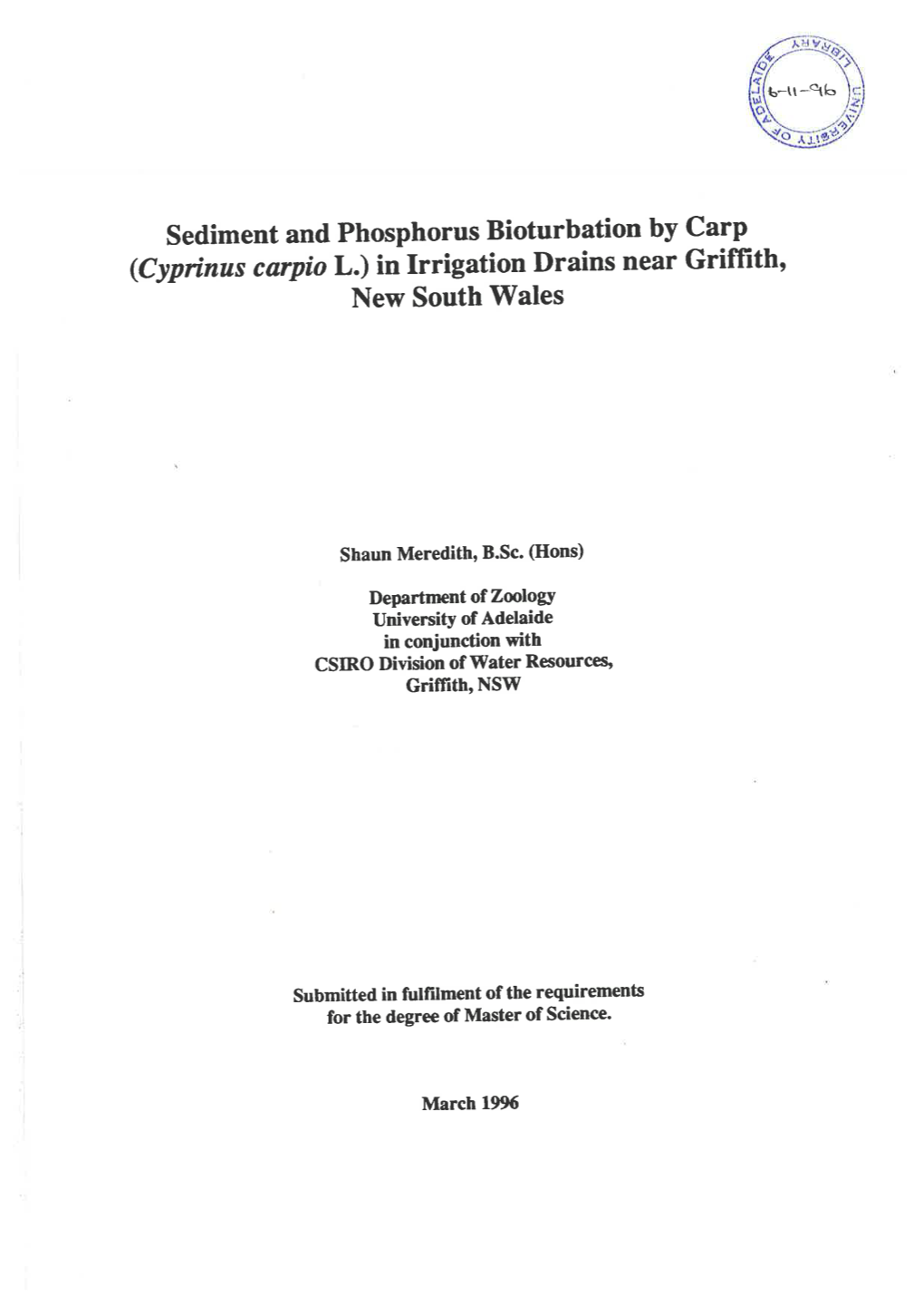 Sediment and Phosphorus Bioturbation by Carp (Cyprinus
