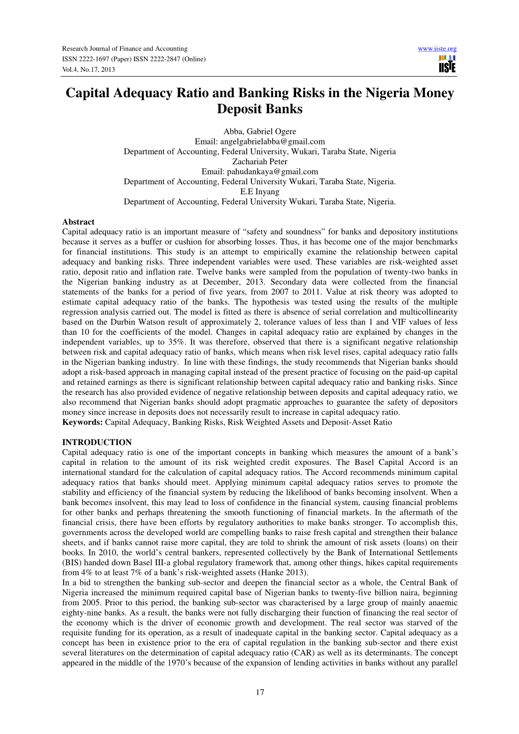 Capital Adequacy Ratio and Banking Risks in the Nigeria Money Deposit Banks