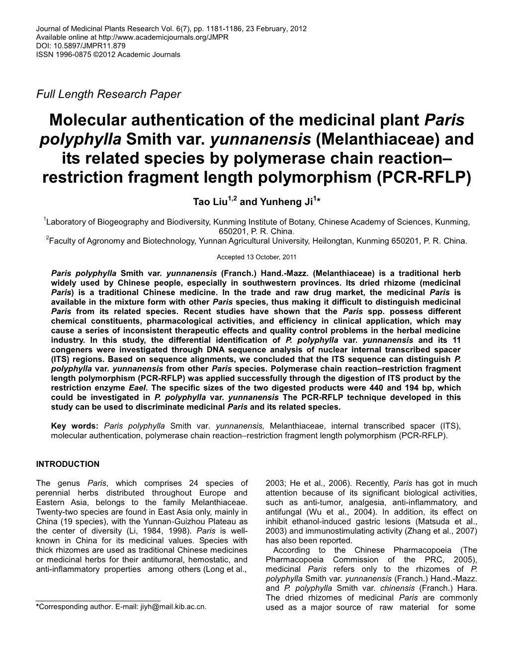Molecular Authentication of the Medicinal Plant Paris Polyphylla Smith Var