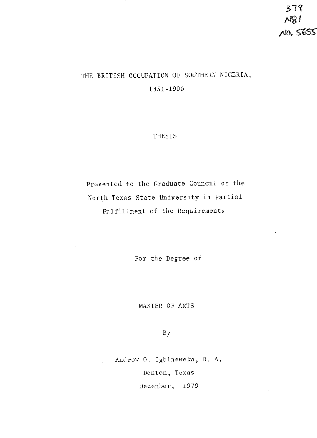 The British Occupation of Southern Nigeria, Thesis