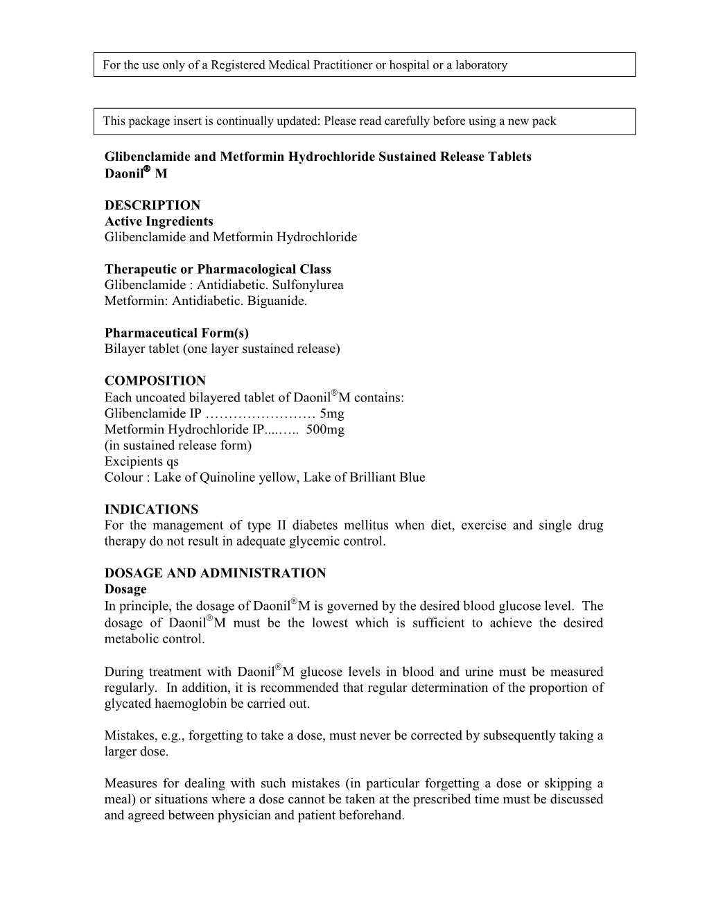 Glibenclamide and Metformin Hydrochloride Sustained Release Tablets Daonil M