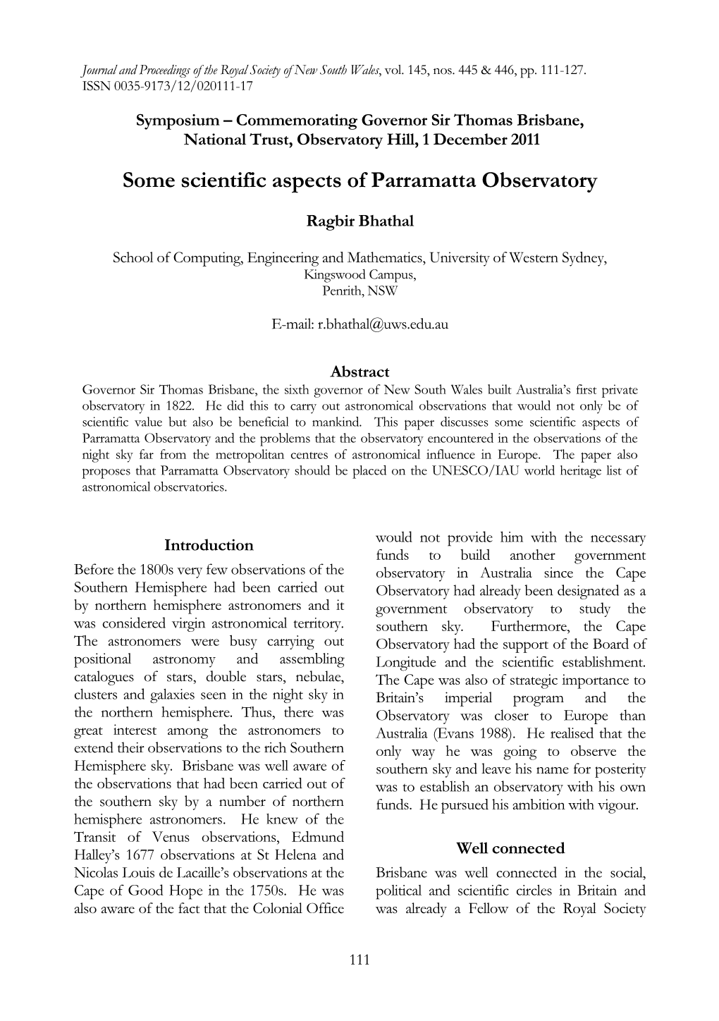 Some Scientific Aspects of Parramatta Observatory