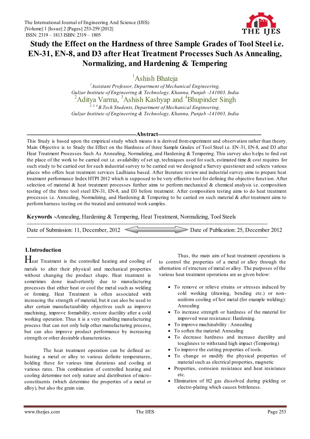 Study the Effect on the Hardness of Three Sample Grades of Tool Steel I.E