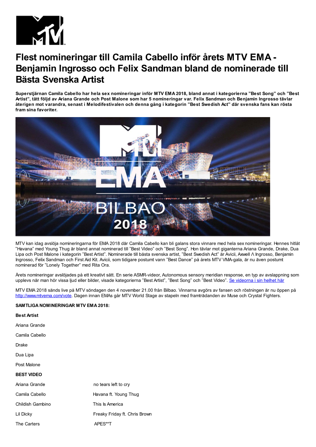 Benjamin Ingrosso Och Felix Sandman Bland De Nominerade Till Bästa Svenska Artist