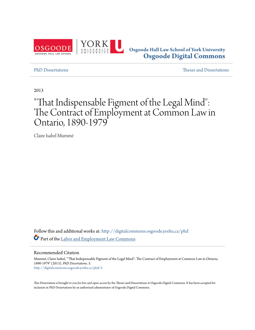 The Contract of Employment at Common Law in Ontario, 1890-1979