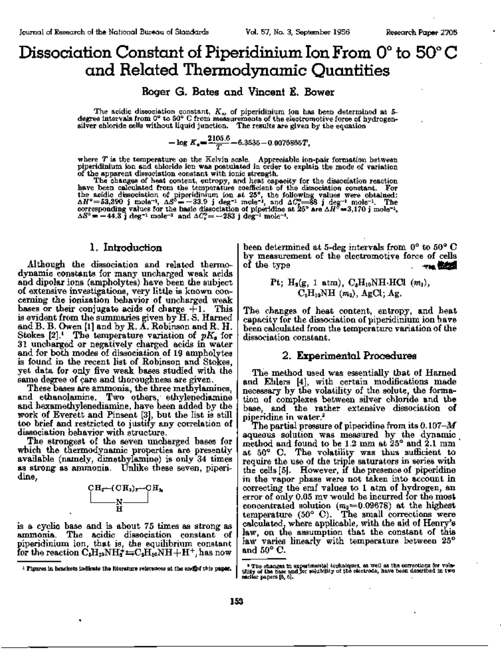 Dissociation Constant of Piperidinium Ion from 0° to 50° C and Related Thermodynamic Quantities Roger G