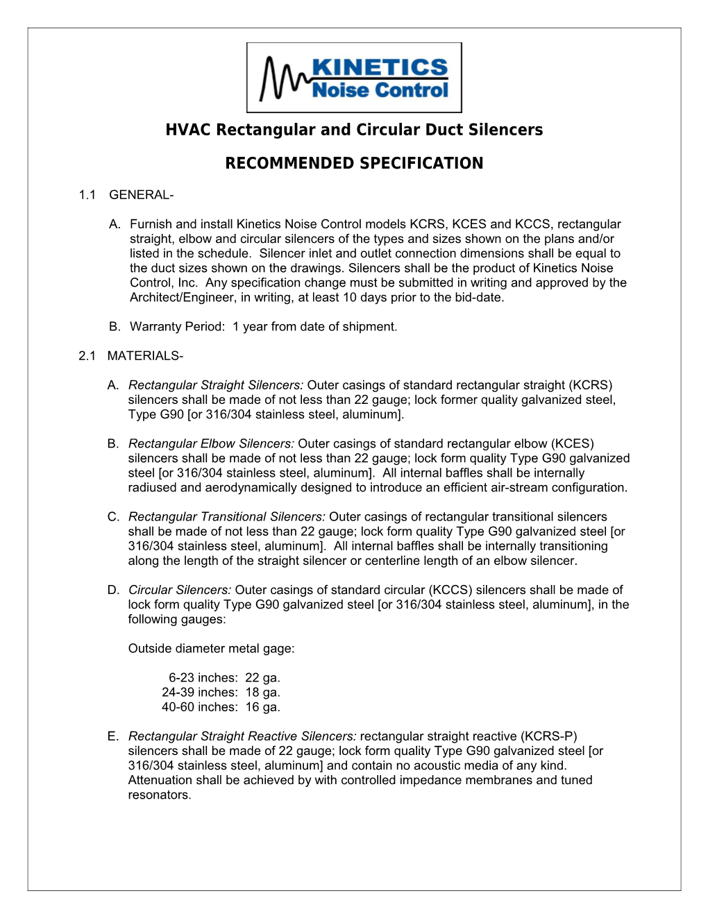 HVAC Rectangular and Circular Duct Silencers RECOMMENDED SPECIFICATION