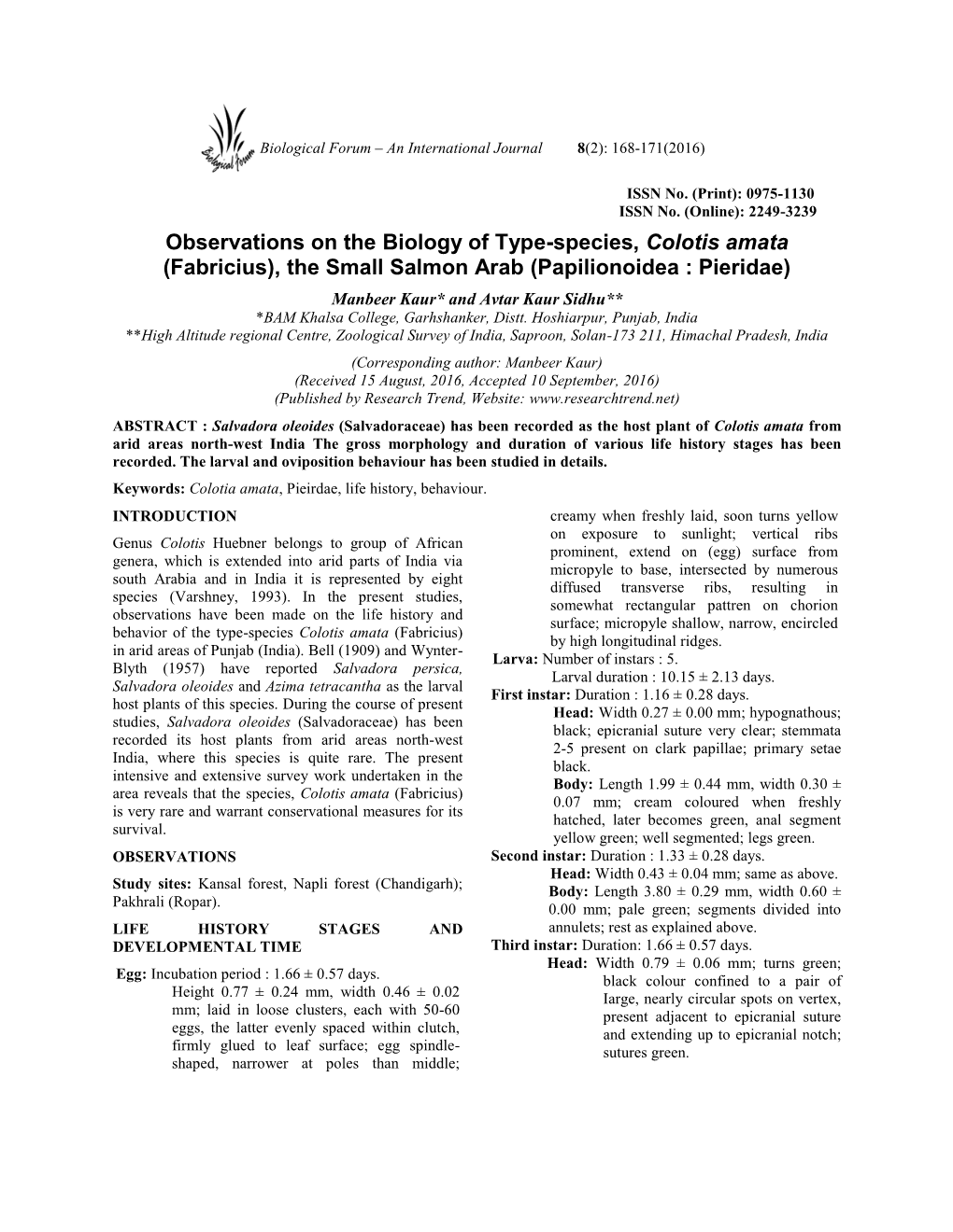 Observations on the Biology of Type-Species, Colotis Amata