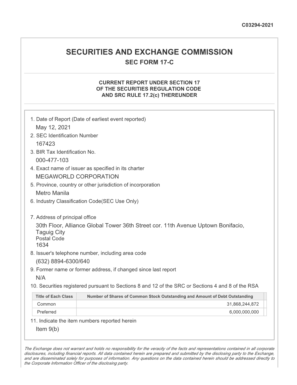 Securities and Exchange Commission Sec Form 17-C