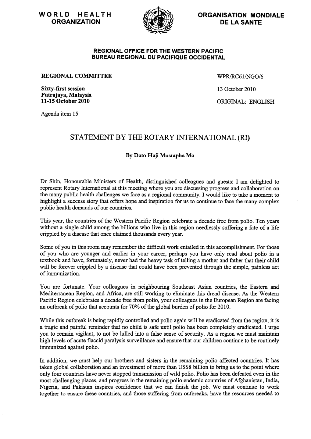 Statement by the Rotary International (Ri)